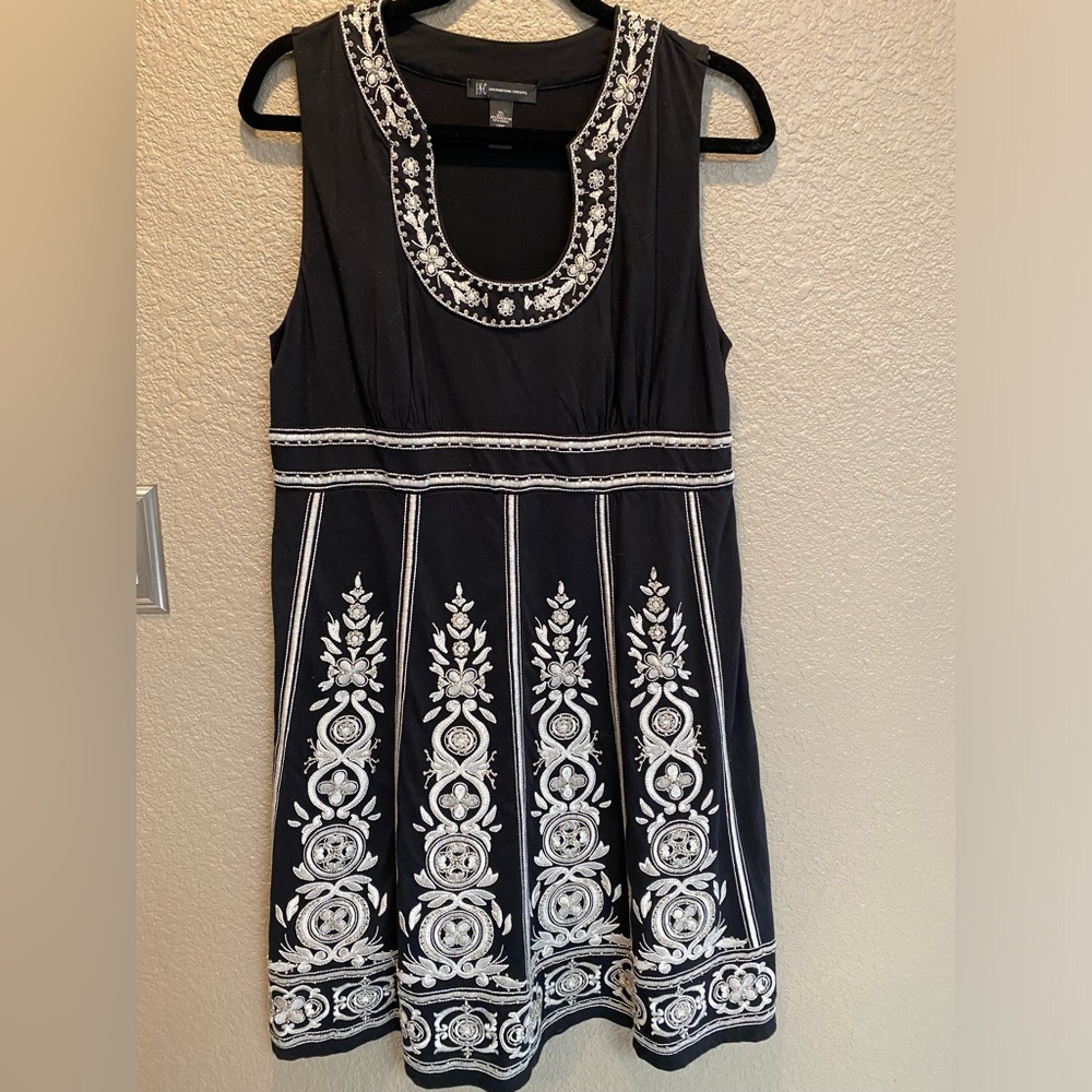 INC, international concepts, black short sleeve dress with tan brocade. New